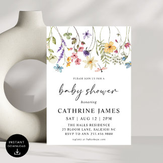 Modern Watercolor Wildflowers Floral Baby Shower Invitation