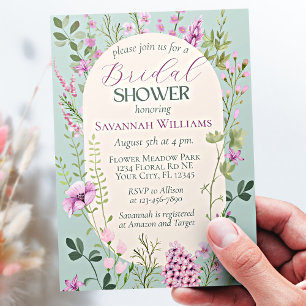 Modern Watercolor Wildflowers Green Bridal Shower Invitation