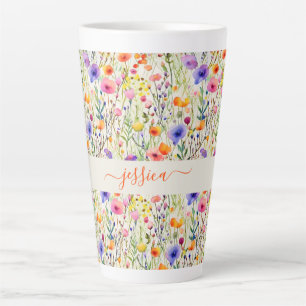 Modern watercolor wildflowers pattern script name latte mug