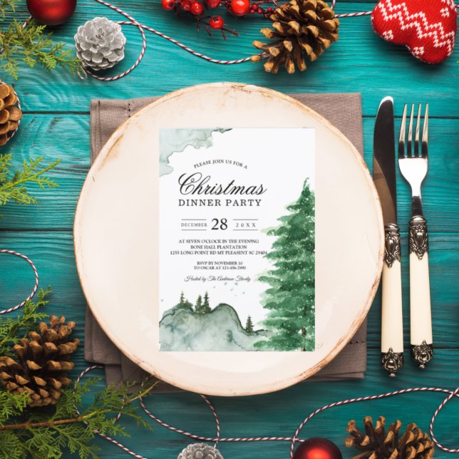 Modern Watercolor Winter Nature Green Trees Invita Invitation (Creator Uploaded)