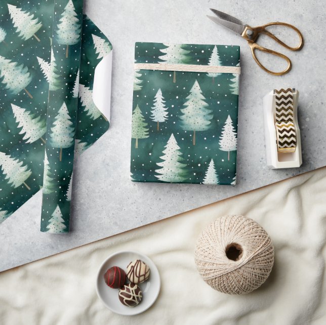Modern Watercolor Winter Pine Green Tree Christmas Wrapping Paper (Crafts)