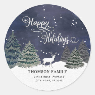 Modern watercolor Winter scene Happy Holidays Classic Round Sticker