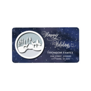 Modern watercolor Winter scene Happy Holidays Labe Label