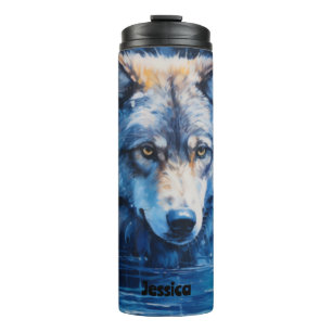 Modern Watercolor Winter Wolf Animal Customized Thermal Tumbler