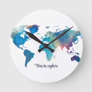 Modern Watercolor World Map Blue Green Round Clock
