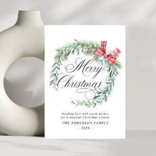 Modern Watercolor Wreath Bow Non Photo Christmas Holiday Card