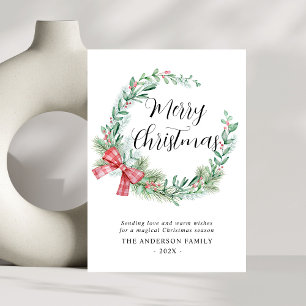 Modern Watercolor Wreath Bow Non Photo Christmas Holiday Card