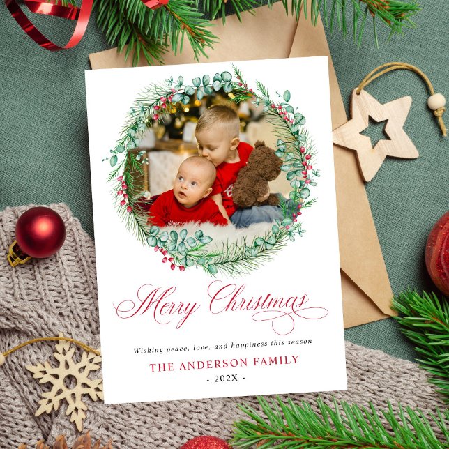 Modern Watercolor Wreath Bow Photo Christmas Holiday Card (Creator Uploaded)