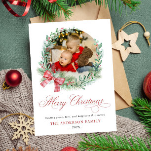 Modern Watercolor Wreath Bow Photo Christmas Holiday Card
