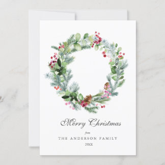 Modern Watercolor Wreath Evergreen and Berries Holiday Card