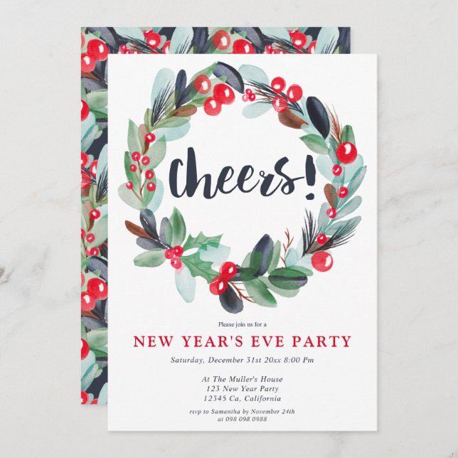 Modern watercolor wreath script new year's eve invitation (Front/Back)