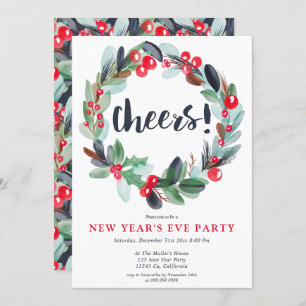 Modern watercolor wreath script new year's eve invitation