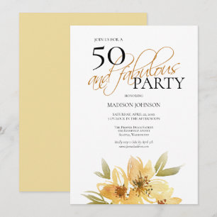 Modern Watercolor Yellow 50 and Fabulous Birthday Invitation
