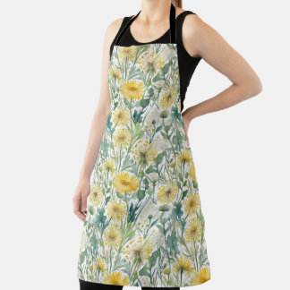 Modern Watercolor Yellow Dandelions Floral Pattern Apron