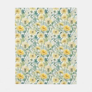 Modern Watercolor Yellow Dandelions Floral Pattern Fleece Blanket