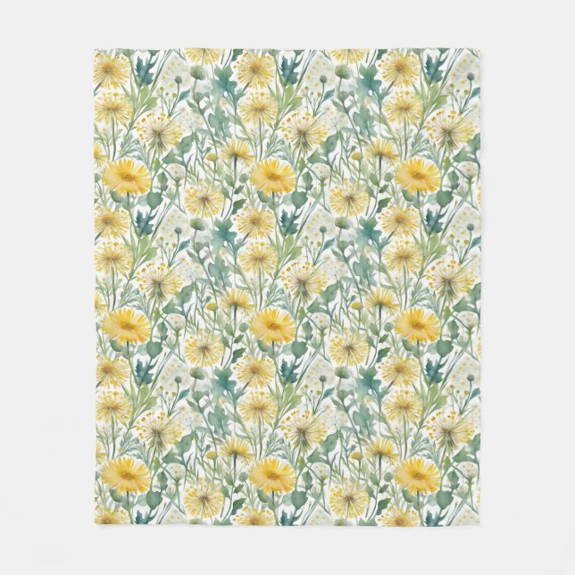 Modern Watercolor Yellow Dandelions Floral Pattern Fleece Blanket (Front)