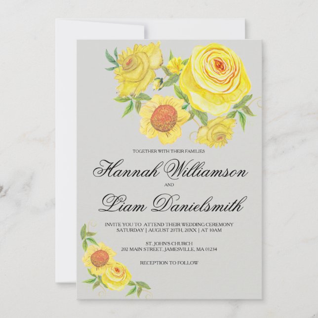Modern Watercolor Yellow Floral Wedding Invitation (Front)