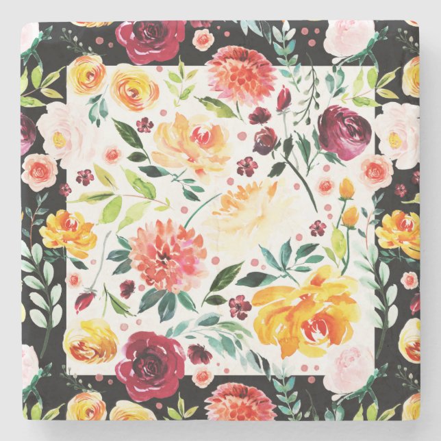 Modern watercolors colourful flowers pattern stone coaster (Front)