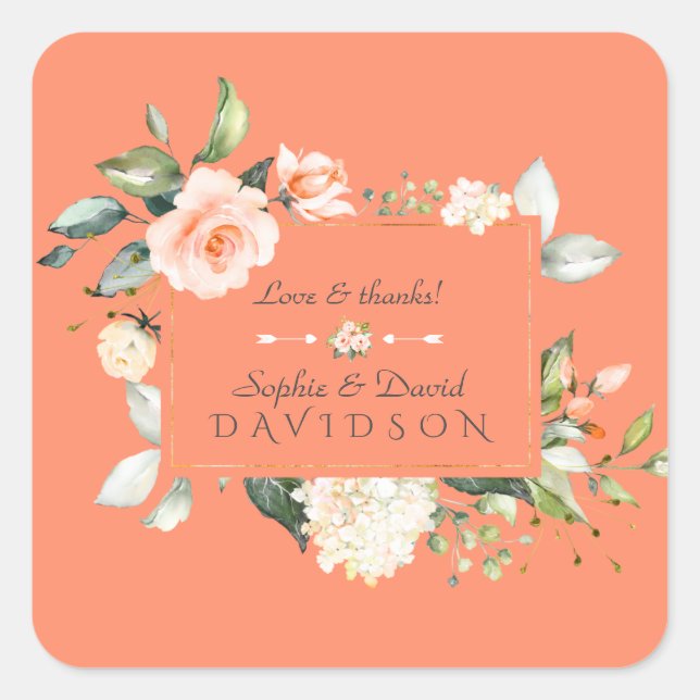 Modern Watercolour Flowers Living Coral Wedding Square Sticker (Front)