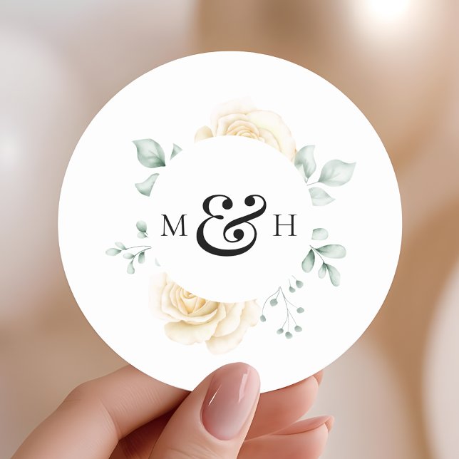 Modern Watercolour Greenery Monogram Wedding Classic Round Sticker (Creator Uploaded)