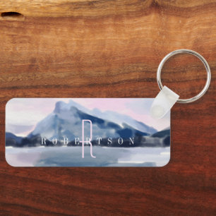 Modern Watercolour Navy Blue Mountain Monogram Keychain