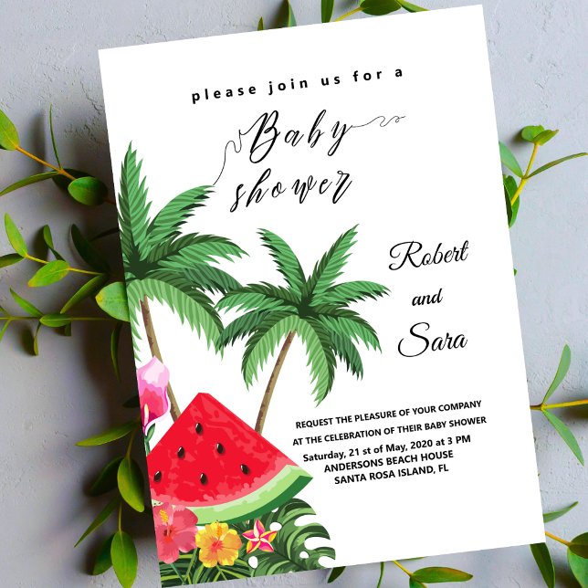 Modern watermelon palm tree Garden baby shower  Invitation (Creator Uploaded)