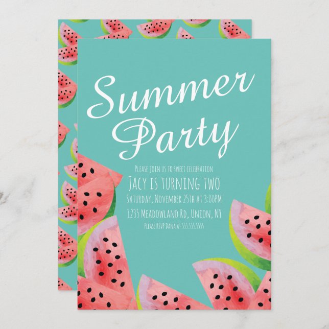 Modern Watermelon Watercolor Summer Party  Invitation (Front/Back)