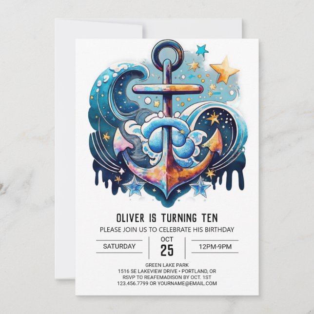Modern Waves Anchor Birthday Invitation (Front)