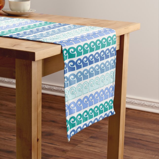 Modern Waves Pattern in Shades of Blue Short Table Runner (In Situ)