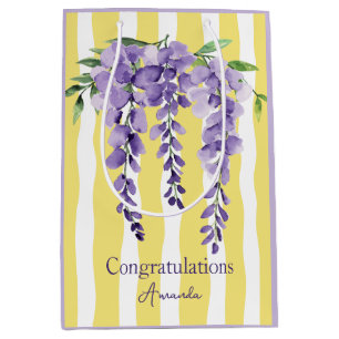 Modern wavevy yellow stripes Purple botanical Chic Medium Gift Bag