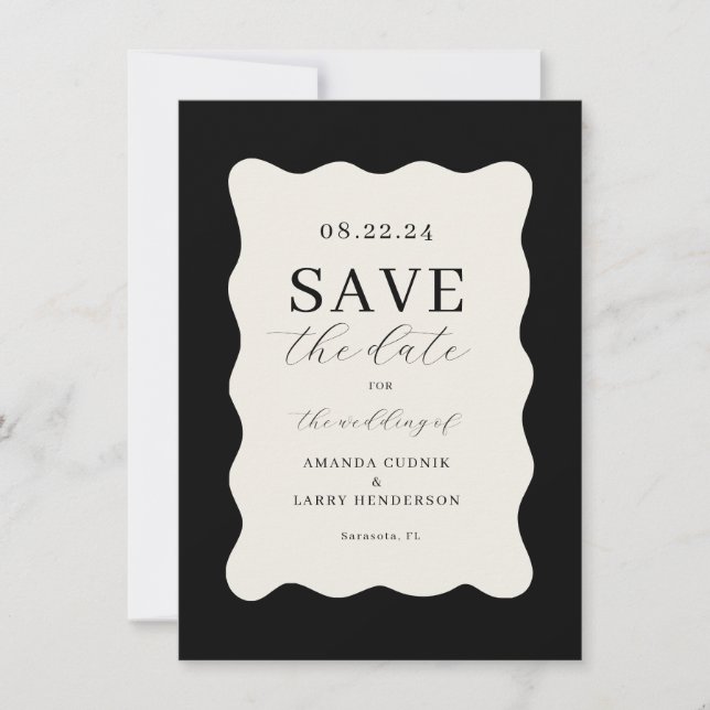 Modern Wavy Black and Cream Wedding Save The Date Invitation (Front)
