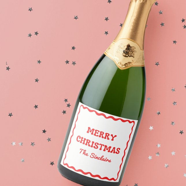 Modern Wavy Border Trendy Red Christmas Party Sparkling Wine Label (Creator Uploaded)