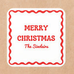 Modern Wavy Border Trendy Red Christmas Party Square Sticker<br><div class="desc">Celebrate the holiday season with these chic "Merry Christmas" stickers, crafted for a refined and personalized touch to enhance your holiday festivities. Featuring a festive green wavy border and customizable family name text, these stickers bring a blend of classic charm and contemporary style to any holiday setting. Perfect for Christmas...</div>