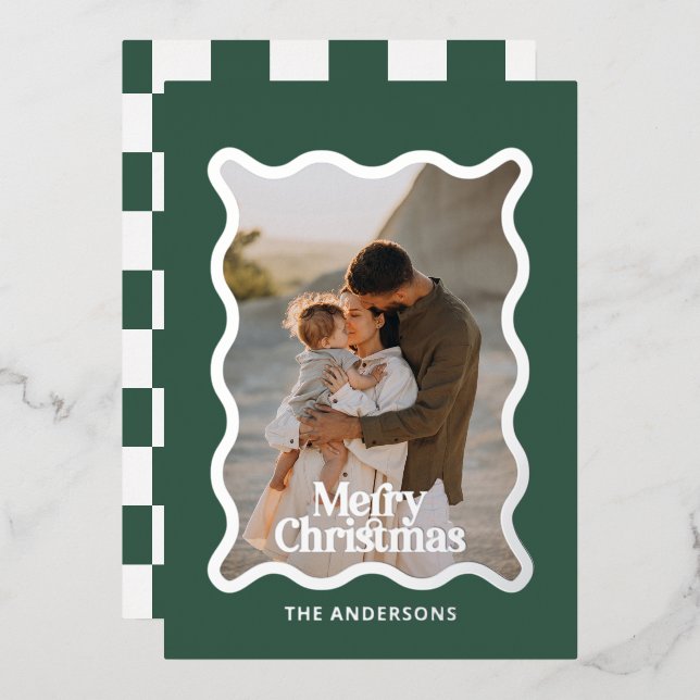 Modern wavy edge check green photo Christmas (Front/Back)