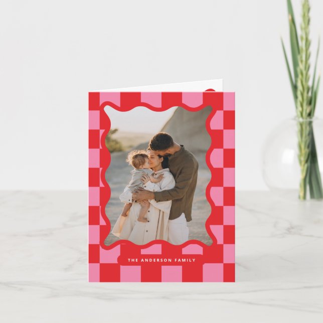 Modern wavy edge check minimal photo Christmas Holiday Card (Front)