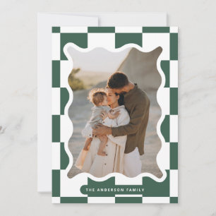 Modern wavy edge check minimal photo Christmas Holiday Card