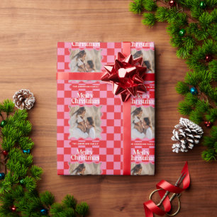 Modern wavy edge check minimal photo Christmas Wrapping Paper