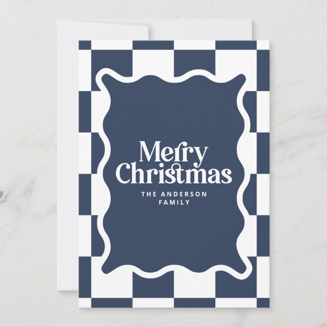 Modern wavy edge check navy blue photo Christmas Holiday Card (Front)