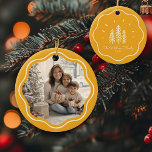 Modern Wavy Frame Family Photo Retro Yellow Ceramic Ornament<br><div class="desc">Add charm to your tree with our Modern Wavy Frame Family Photo ornament! Cute retro yellow Christmas tree design & custom text!</div>