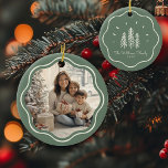 Modern Wavy Frame Family Photo Sage Green Ceramic Ornament<br><div class="desc">Add charm to your tree with our Modern Wavy Frame Family Photo ornament! Cute sage green Christmas tree design & custom text!</div>