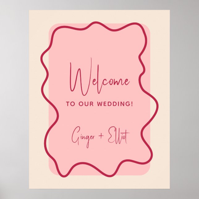 Modern Wavy Frame Magenta Pink Wedding Welcome Poster (Front)