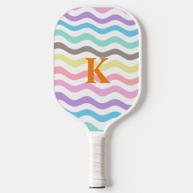 Modern Wavy Lines | Pastel Waves Monogram Pickleball Paddle (Front)