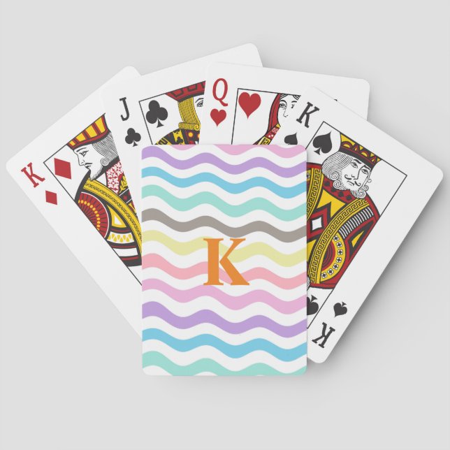 Modern Wavy Lines | Pastel Waves Monogram Playing Cards (Back)