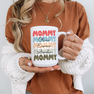 Modern Wavy Mommy with Kids Names Mother's Day Coffee Mug