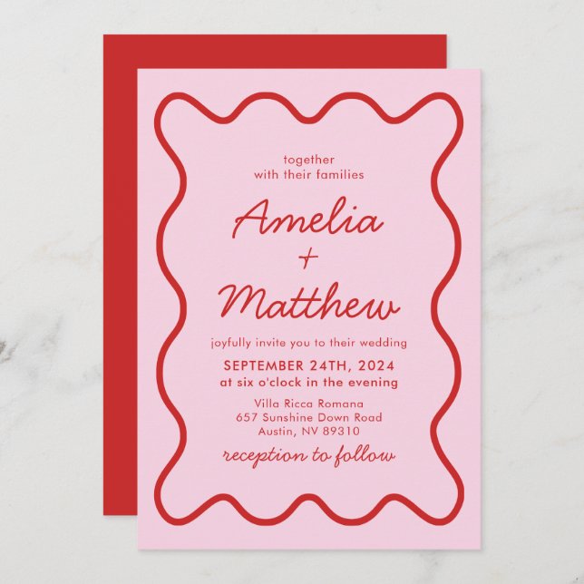 Modern Wavy Pink and Red Retro Squiggle Wedding Invitation (Front/Back)