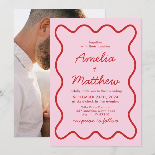 Modern Wavy Pink and Red Retro Squiggle Wedding Invitation (Front/Back)