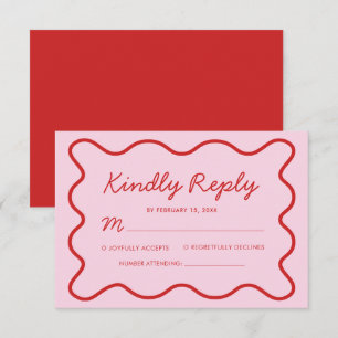 Modern Wavy Pink and Red Retro Squiggle Wedding RSVP Card