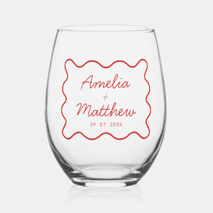 Modern Wavy Red Retro Squiggle Wedding Stemless Wine Glass