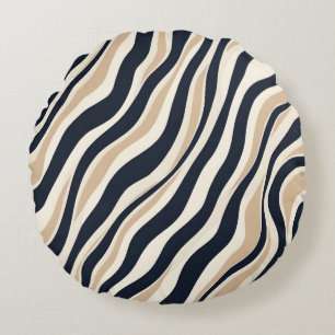 Modern Wavy Stripe Neutral Beige & Charcoal Round Pillow
