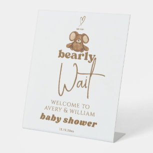 Modern We Can Bearly Wait Baby Shower  Pedestal Sign